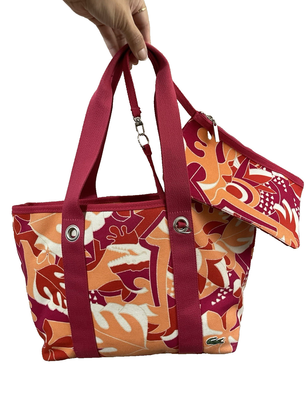Lacoste Canvas Beach Tote Bag Tropical Pink Orange Shopper w/ Zip Pouch